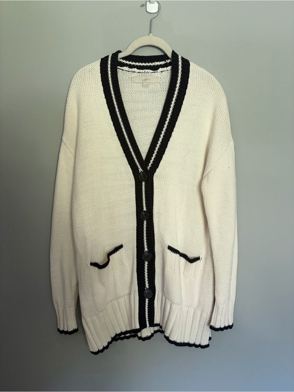 Loft Long Cardigan Oversized XS Preppy Cream Black Coastal Collegiate Academia